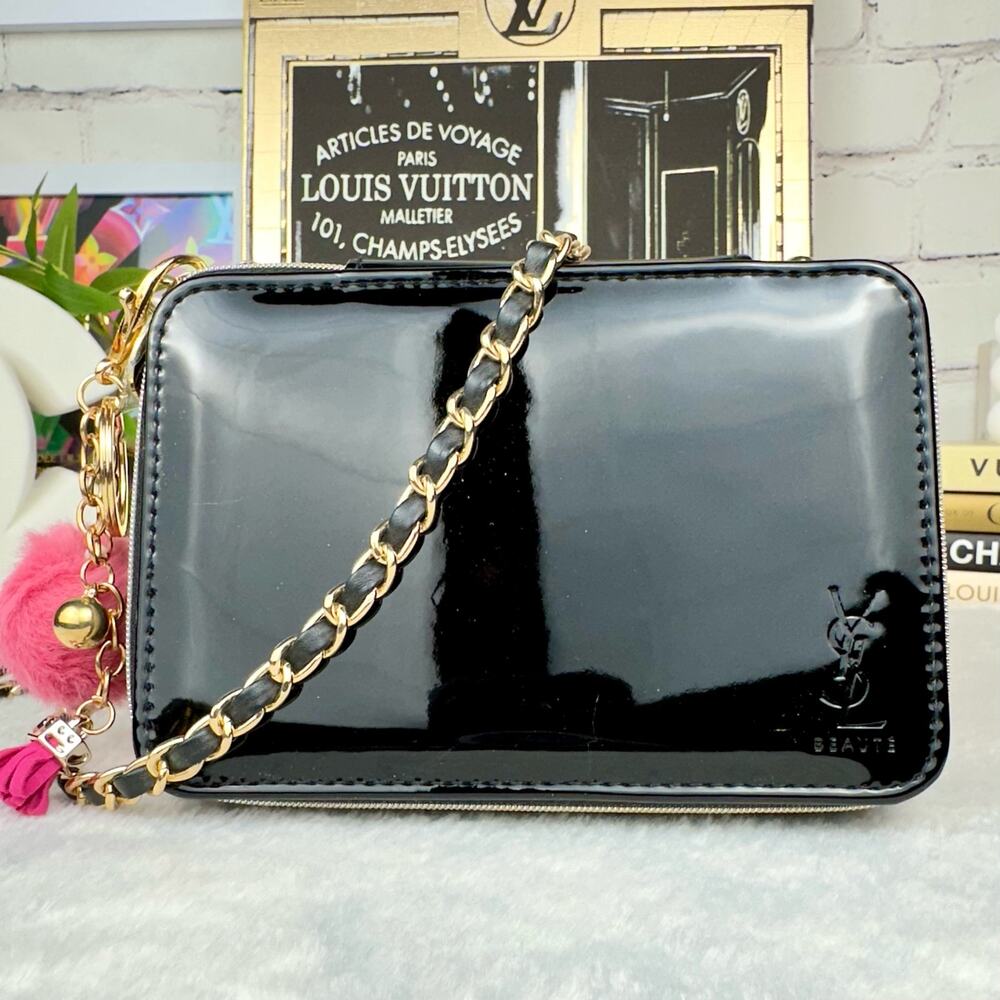 SOLD YSL Yves Saint Laurent Black patent faux leather beauty case crossbody b… - Picture 1 of 15